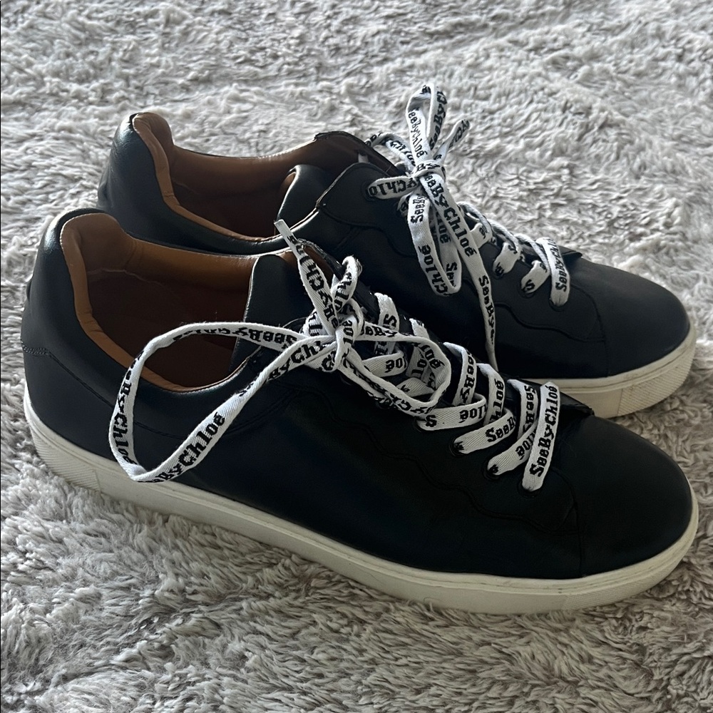 See By Chloé Black Leather Low-Top Sneakers with Branded White Laces